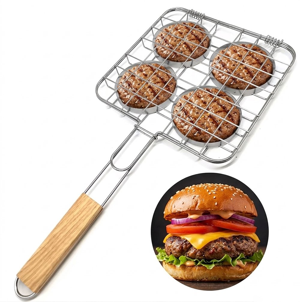 The stainless steel grill basket designs to grill 4 meat balls for hamburger, Serves 2-4 people comfortablely at a time. Design with long wooden handle for easy holding when grilling.