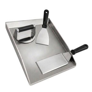 Our heavy-duty grill plate kit is constructed with 430 stainless steel, the tray is crafted in 4mm thick, comes with 2 griddle spatulas and 1 burger smash press.