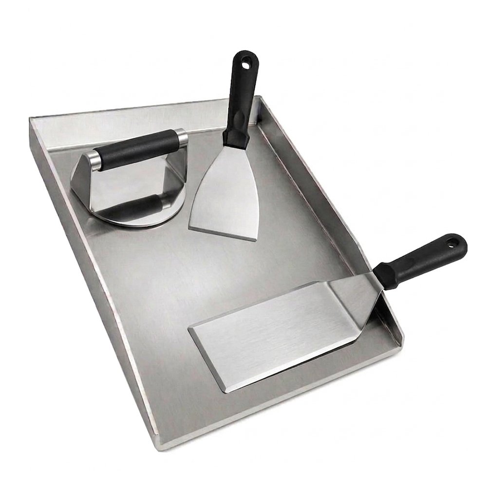 Our heavy-duty grill plate kit is constructed with 430 stainless steel, the tray is crafted in 4mm thick, comes with 2 griddle spatulas and 1 burger smash press.